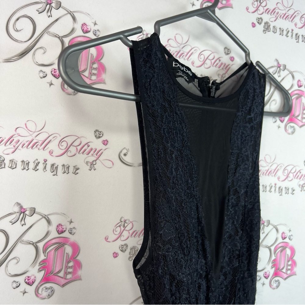 bebe dress lace Lacie floral mesh neckline Elegant Black Lace Midi Dress - Picture 4 of 14